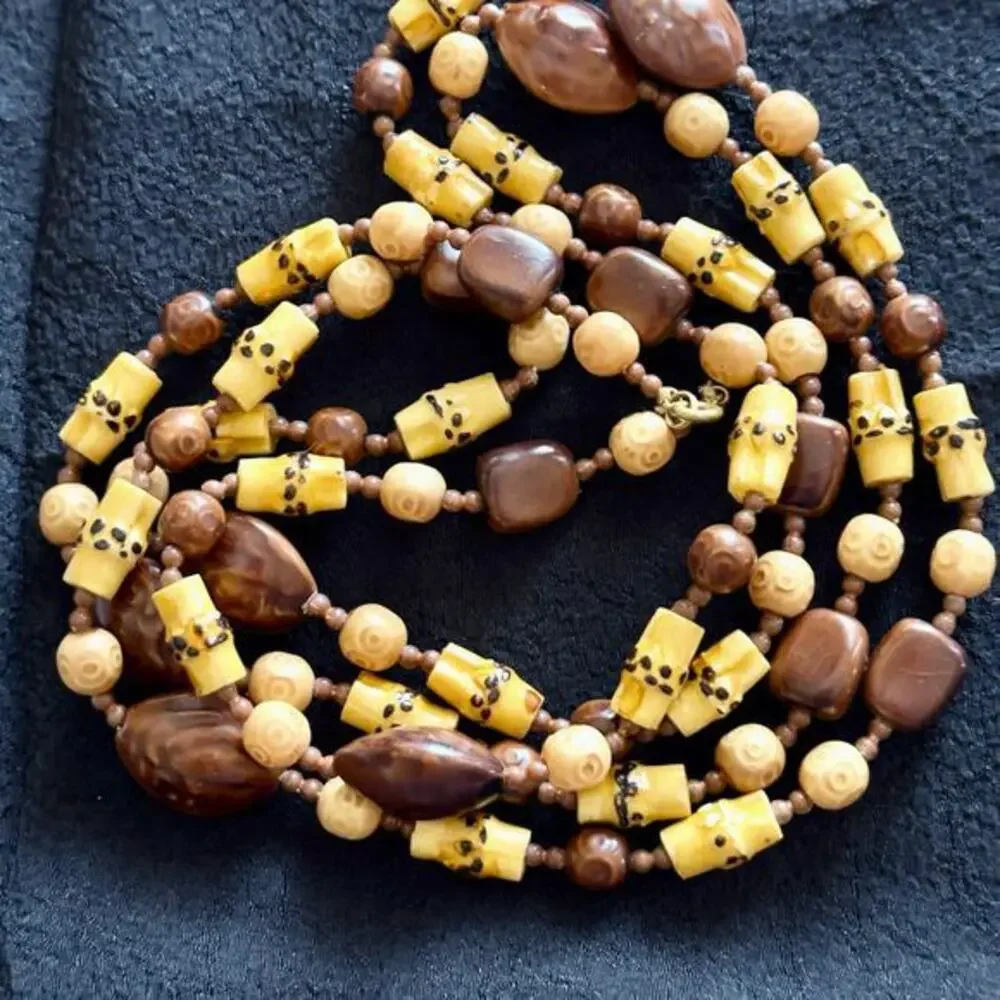 Vintage Faux Carved Bone Plastic Bead Necklace Brown Yellow Tribal Style 52”